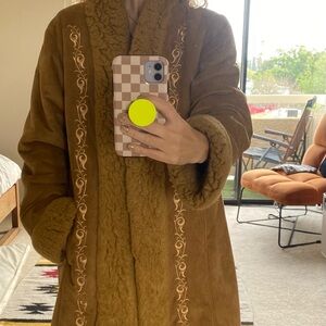 Centigrade Penny Lane Coat Faux Suede Shearling Embroidered Boho Brown Large